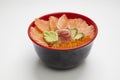 Salmon donburi or slice raw salmon put on cooked rice. Royalty Free Stock Photo