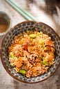 Salmon, edamame, brown rice meal pot with Japanese sesame sauce Royalty Free Stock Photo