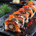 Salmon Eel Sushi, Dragon Rolls Set with Cream Cheese, Raw Fish, Rice, Cucumber, Flying Fish Caviar Royalty Free Stock Photo