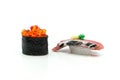 Salmon egg on sushi nigiri roll and Sushi. Royalty Free Stock Photo