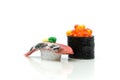 Salmon egg on sushi nigiri roll and Sushi. Royalty Free Stock Photo