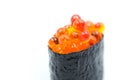 Salmon egg on sushi nigiri roll on white background. Royalty Free Stock Photo