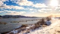 Salmon farm in norwegian fjord, sunny winter landscape, panoramic view, Lofoten Islands, Norway Royalty Free Stock Photo