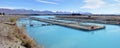 Salmon Farm Panorama on Lake Ruataniwha, New Zealand Royalty Free Stock Photo