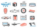 Salmon farming icon set, aquaculture and domestication of fish