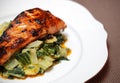 Salmon filet on bed of swiss chard and potatoes Royalty Free Stock Photo