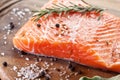 Salmon filet on a wooden carving board.