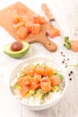 Salmon fillet, avocado and rice in bowl Royalty Free Stock Photo