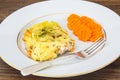 Salmon fillet, baked with carrots, onions and grilled cheese Royalty Free Stock Photo