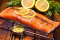 salmon fillet on cedar plank with a meat thermometer Royalty Free Stock Photo