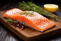 salmon fillet on cedar plank with rosemary sprigs Royalty Free Stock Photo