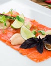 Salmon fillet, creative serving salmon sashimi with lime and Basil. Healthy concept, gluten free, lectine free