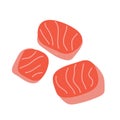 Salmon fillet cut in cube pieces, hand drawn art, uncooked sashimi redfish, illustration isolated, fresh raw fish