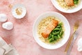 Salmon fillet grilled with bulgur and green beans. Healthy food, diet. Top view Royalty Free Stock Photo