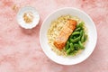 Salmon fillet grilled with bulgur and green beans. Healthy food, diet. Top view Royalty Free Stock Photo