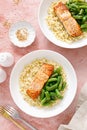 Salmon fillet grilled with bulgur and green beans. Healthy food, diet. Top view Royalty Free Stock Photo