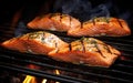 Salmon fillet grilled on a charcoal grill with a low heat, healthy food