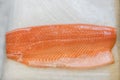 Salmon Fillet in Ice on the supermarket counter. Fillet of red fish in the ice in the supermarket. Marine healthy food Royalty Free Stock Photo