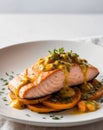 Salmon Fillet with Passion Fruit Sauce on a Bed of Pumpkin. Royalty Free Stock Photo