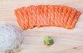 Salmon Fillet Sliced. Salmon raw sashimi. Japanese cuisine. Delicious fresh slices of salmon fish fillet on Wooden cutting board. Royalty Free Stock Photo