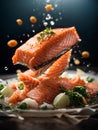 Salmon fillet steak, floating delicious healthy meal. Cinematic advertising photography