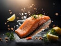 Salmon fillet steak, floating delicious healthy meal. Cinematic advertising photography