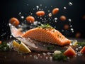 Salmon fillet steak, floating delicious healthy meal. Cinematic advertising photography