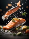 Salmon fillet steak, floating delicious healthy meal. Cinematic advertising photography