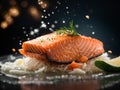 Salmon fillet steak, floating delicious healthy meal. Cinematic advertising photography