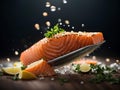 Salmon fillet steak, floating delicious healthy meal. Cinematic advertising photography