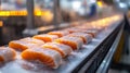Salmon fillets on a chilled conveyor belt in a processing plant Royalty Free Stock Photo