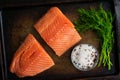 Salmon Fillets, Dill, and Salt Mixed with Spices on a Sheet Pan Royalty Free Stock Photo