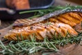 Salmon fillets. Grilled salmon, sesame seeds herb decorationon on vintage pan or black slate board. Royalty Free Stock Photo