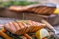 Salmon fillets. Grilled salmon, sesame seeds herb decorationon on vintage pan or black slate board. Royalty Free Stock Photo