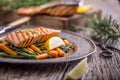 Salmon fillets. Grilled salmon, sesame seeds herb decorationon on vintage pan or black slate board. Royalty Free Stock Photo