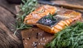 Salmon fillets. Grilled salmon, sesame seeds herb decorationon on vintage pan or black slate board. Royalty Free Stock Photo