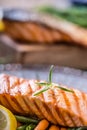 Salmon fillets. Grilled salmon, sesame seeds herb decorationon on vintage pan or black slate board. Royalty Free Stock Photo