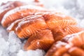 Salmon fillets portioned on ice and empty kitchen board Royalty Free Stock Photo