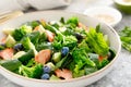 Salmon fish and avocado salad with fresh spinach leaves, broccoli, blueberry dressed with olive oil