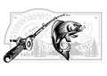 Salmon fish bend in engrving style with fishing rods on nature background. Logo for fishing, championship and sport club on white