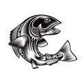 Salmon fish bend silhouette in engrving style. Logo for fishing, menu and other business