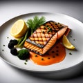 Salmon Fish Delicious Sea Food Breath Taking Mouth Watering Gourmet Meals Hyperrealistic Grilled Salmon Platter with Fresh Vegetab Royalty Free Stock Photo