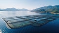 Salmon fish farm in ocean water.