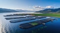 Salmon fish farm in ocean water.