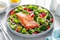 Salmon fish fillet grilled and fresh tomato salad with red onion and broccoli. Healthy food, diet