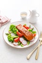 Salmon fish fillet grilled and vegetable salad with radish, tomato, green pepper, broccoli and asparagus Royalty Free Stock Photo