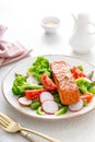 Salmon fish fillet grilled and vegetable salad with radish, tomato, green pepper, broccoli and asparagus Royalty Free Stock Photo