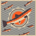 Salmon fish mascot in retro style background