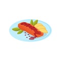 Salmon fish with pomegranate sauce on a plate vector Illustration on a white background Royalty Free Stock Photo