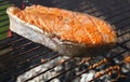 Salmon fish steak barbecue grill cooking close up